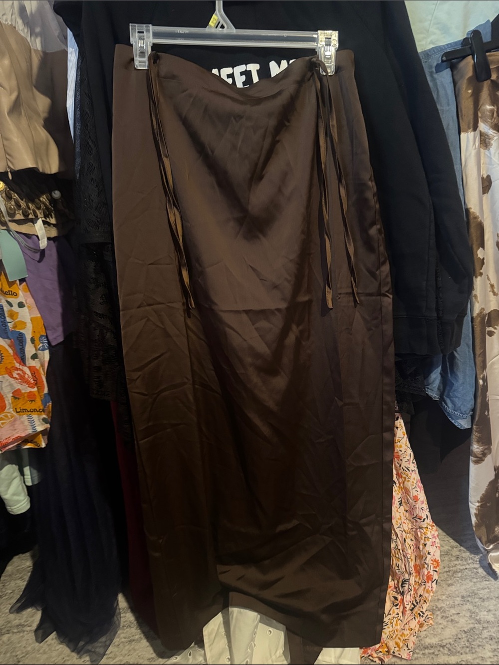 Free People • NWT $ Think Bubbles skirt Brown Satin Tie-Detail Maxi Skirt - Picture 3 of 7